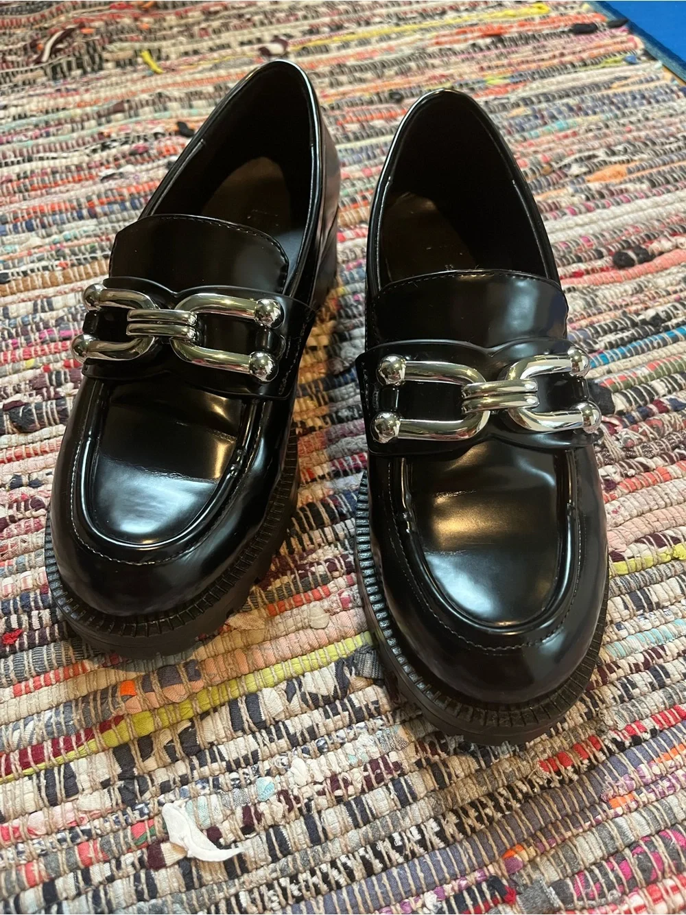 Zara Black Patent Loafers with Silver Chain